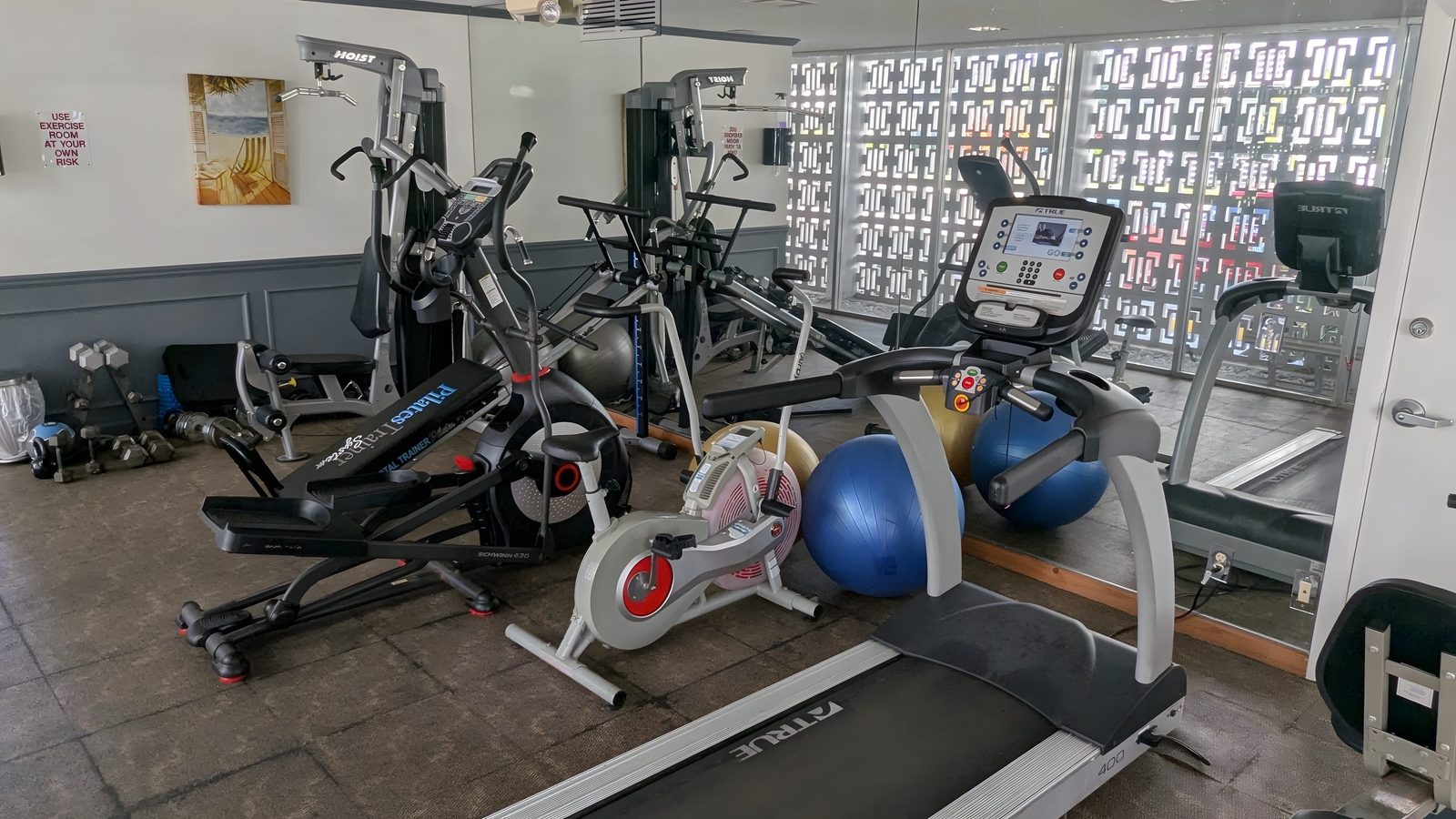 The gym with cardio machines and weights.